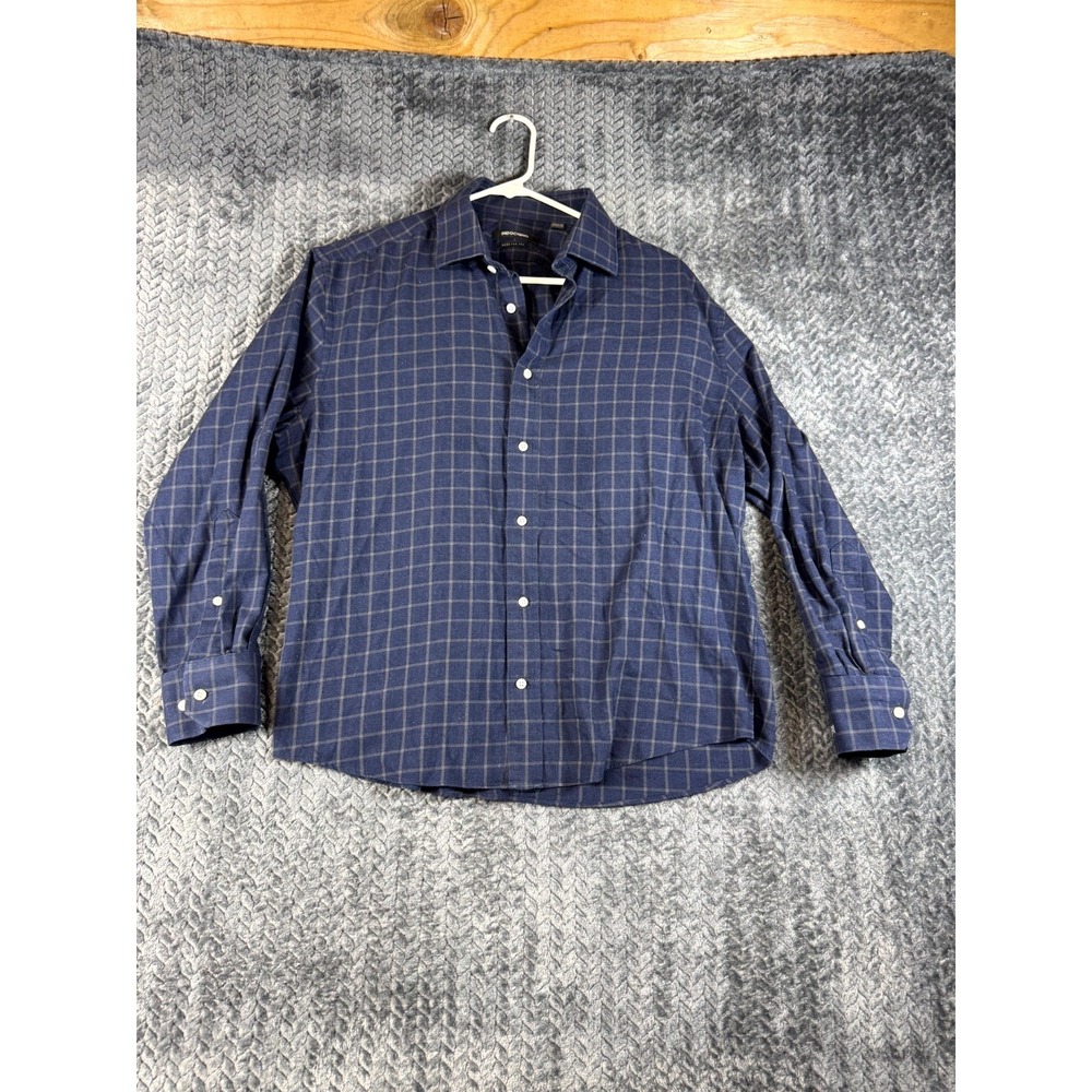Indochino Made For You Flannel Shirt Mens Navy Blue Plaid Wool Stretch Button Up